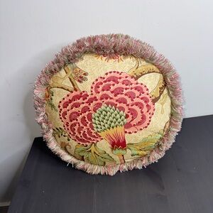 Vintage Retired Rose Tree Summerton Floral Pink and Green Fringe Round Pillow